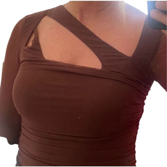 Bodycon Cutout Long Sleeve Mesh Mini Dress Chocolate Brown Size Large NEW - Picture 3 of 10